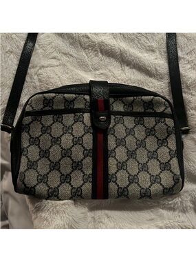 Gucci Black & Beige GG Canvas Crossbody with Red-Blue Web Stripe